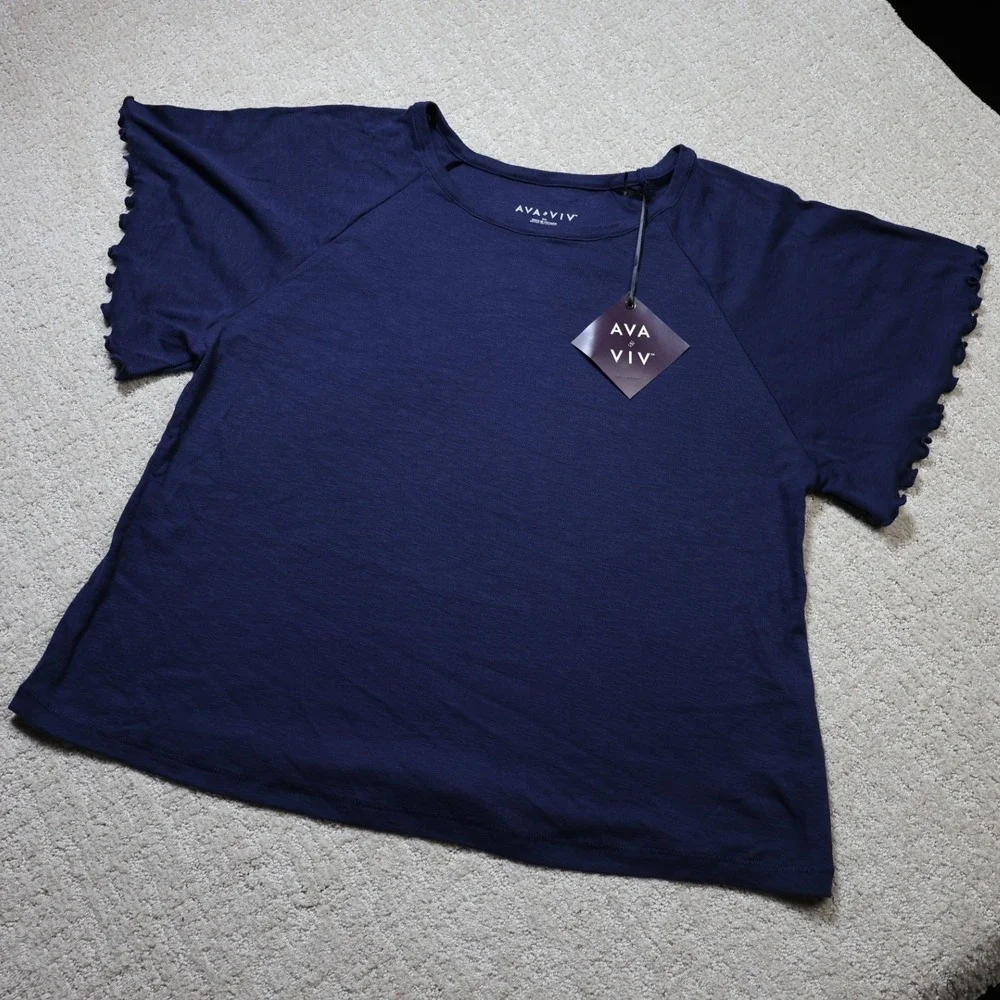 Ava & Viv Navy Blue Lettuce Edge Raglan Sleeve Slub Knit Top XXL